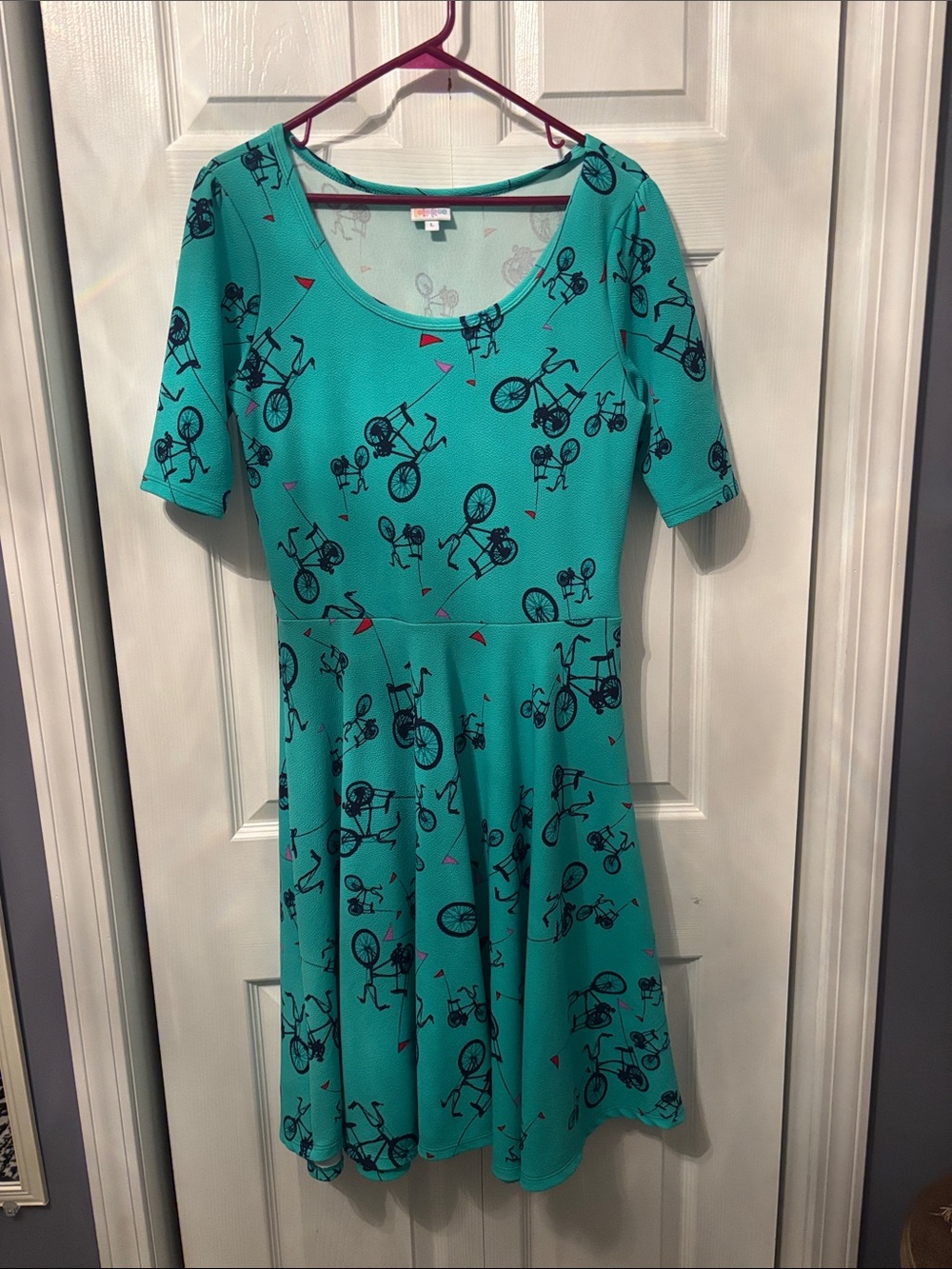 LuLaRoe Teal Bicycle Print Scoop Neck Mini Dress
